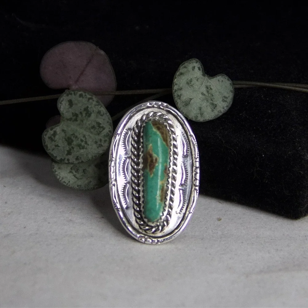Vintage Navajo Sterling Silver Turquoise Stamped Oval Ring, Size 6.5 Hallmarked